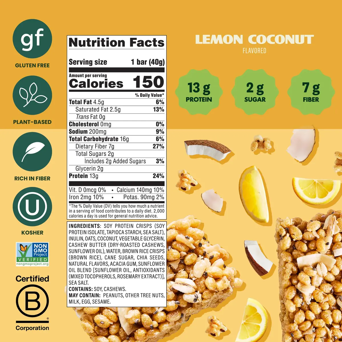 Simply Protein Lemon Coconut Crispy Bars - Plant Based Protein, Low Carb & Sugar, 13g Protein, 7g Fiber, Vegan, Gluten Free, 8 Bars - view 3