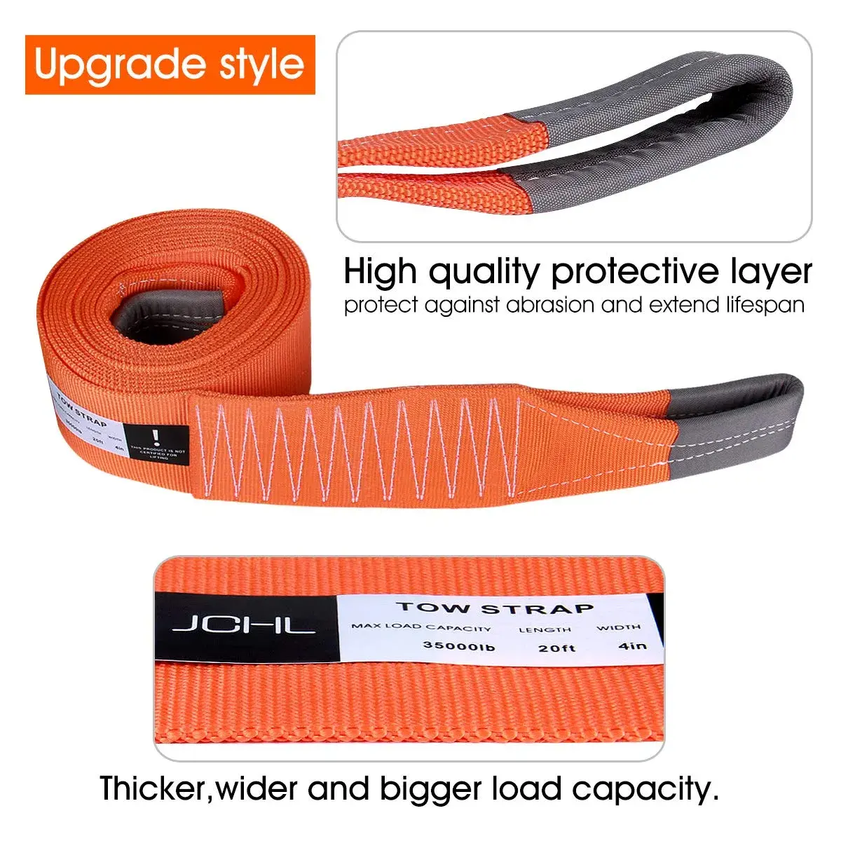 JCHL Heavy Duty Tow Strap 4" x 20ft (9072 kg / 20000 lbs) | Reinforced Loops, Storage Bag Included - view 2