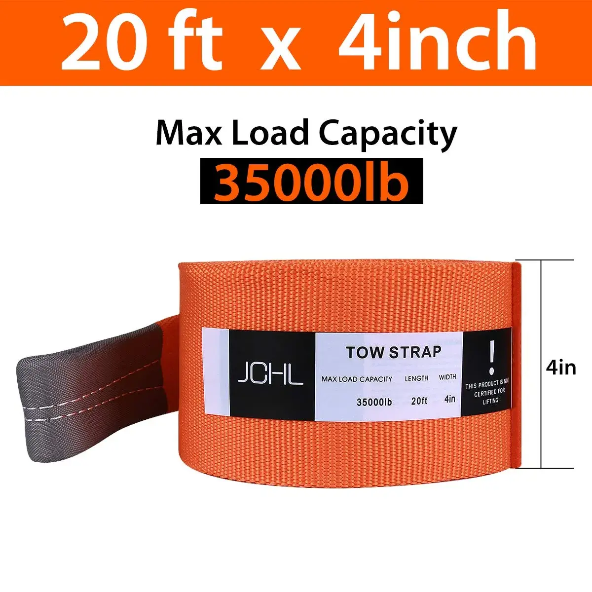 JCHL Heavy Duty Tow Strap 4" x 20ft (9072 kg / 20000 lbs) | Reinforced Loops, Storage Bag Included - view 3
