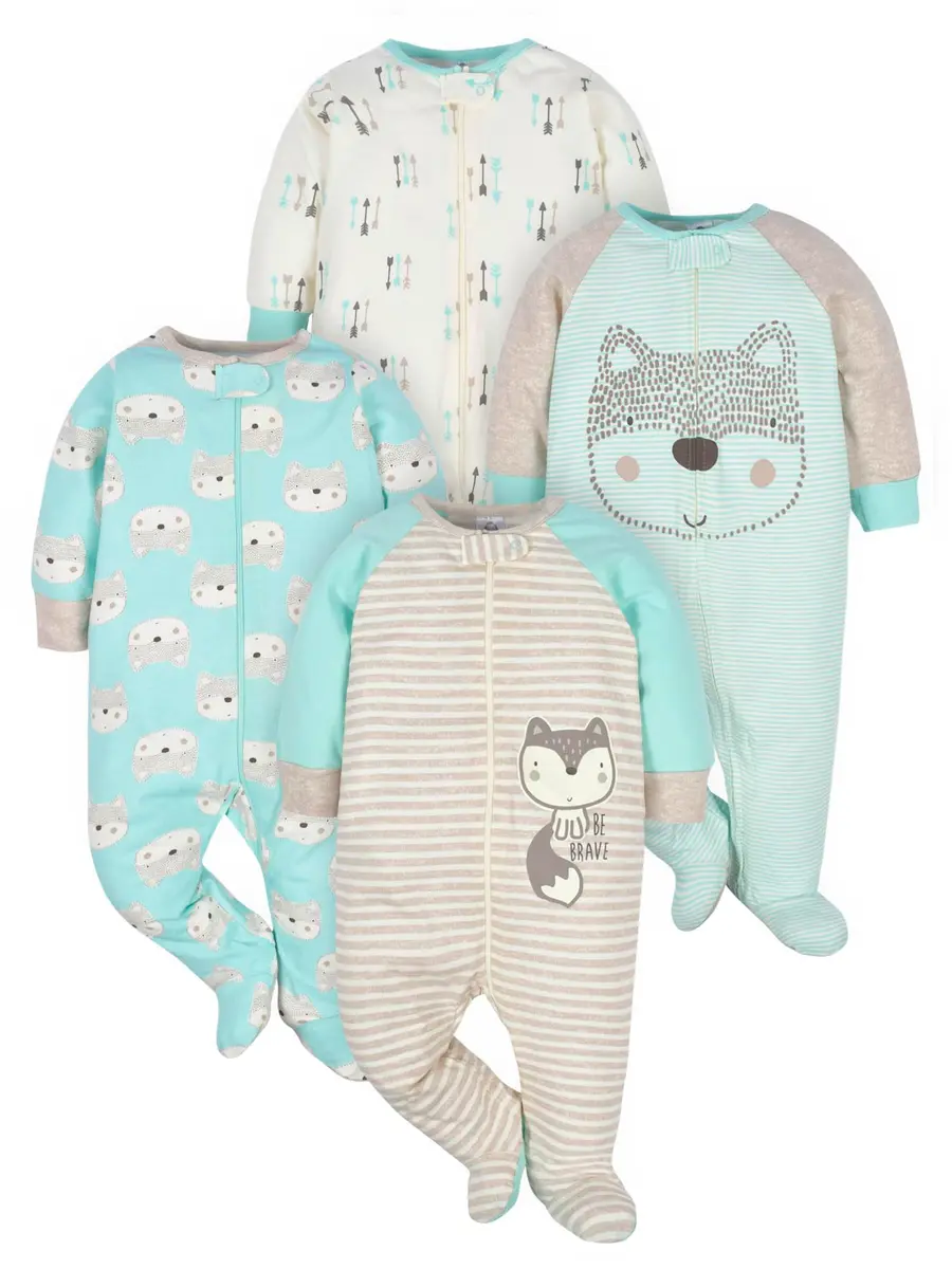 Gerber Baby Boys 4 Pack Sleep 'N Play Footie, Aqua Fox, Newborn | Breathable Cotton, Cozy & Easy Diaper Changes - main product image