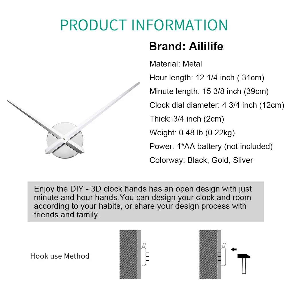 AILILIFE 3D Clock Hands Mechanism with 12.21" Hour & 15.35" Minute Hands | Silver Metal Spade Style - view 6
