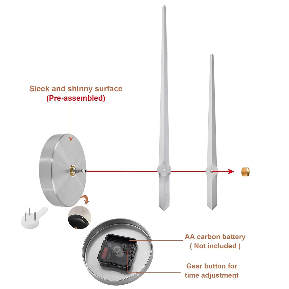 AILILIFE 3D Clock Hands Mechanism with 12.21" Hour & 15.35" Minute Hands | Silver Metal Spade Style - view 4