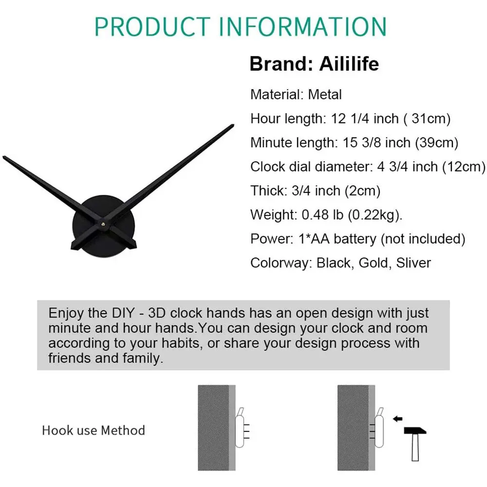 AILILIFE Large 3D Clock Hands & Movement Kit 39cm (15.35") | Modern Spade Design for DIY Wall Clocks - view 6