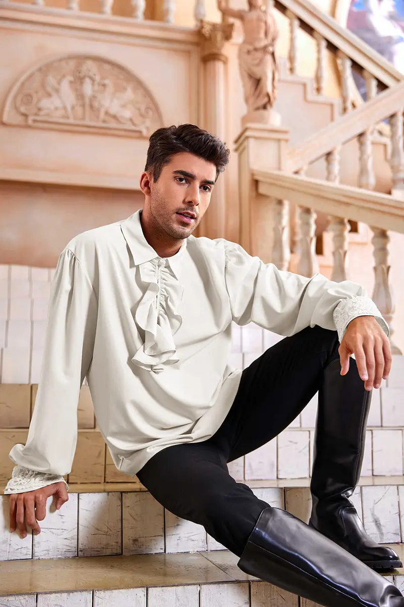 Runcati Mens Pirate Shirt Ruffle Victorian Renaissance Medieval Poet Shirts | Medieval Pirate Costume, Long Sleeve, Breathable Rayon - view 2