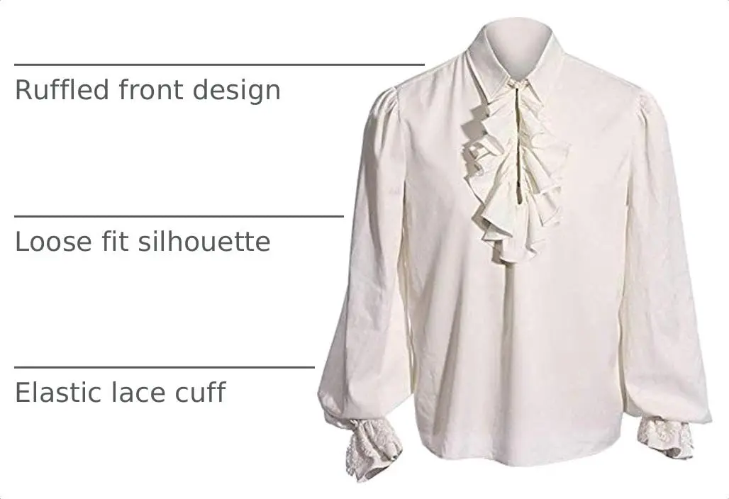 Runcati Mens Pirate Shirt Ruffle Victorian Renaissance Medieval Poet Shirts | Medieval Pirate Costume, Long Sleeve, Breathable Rayon - view 4