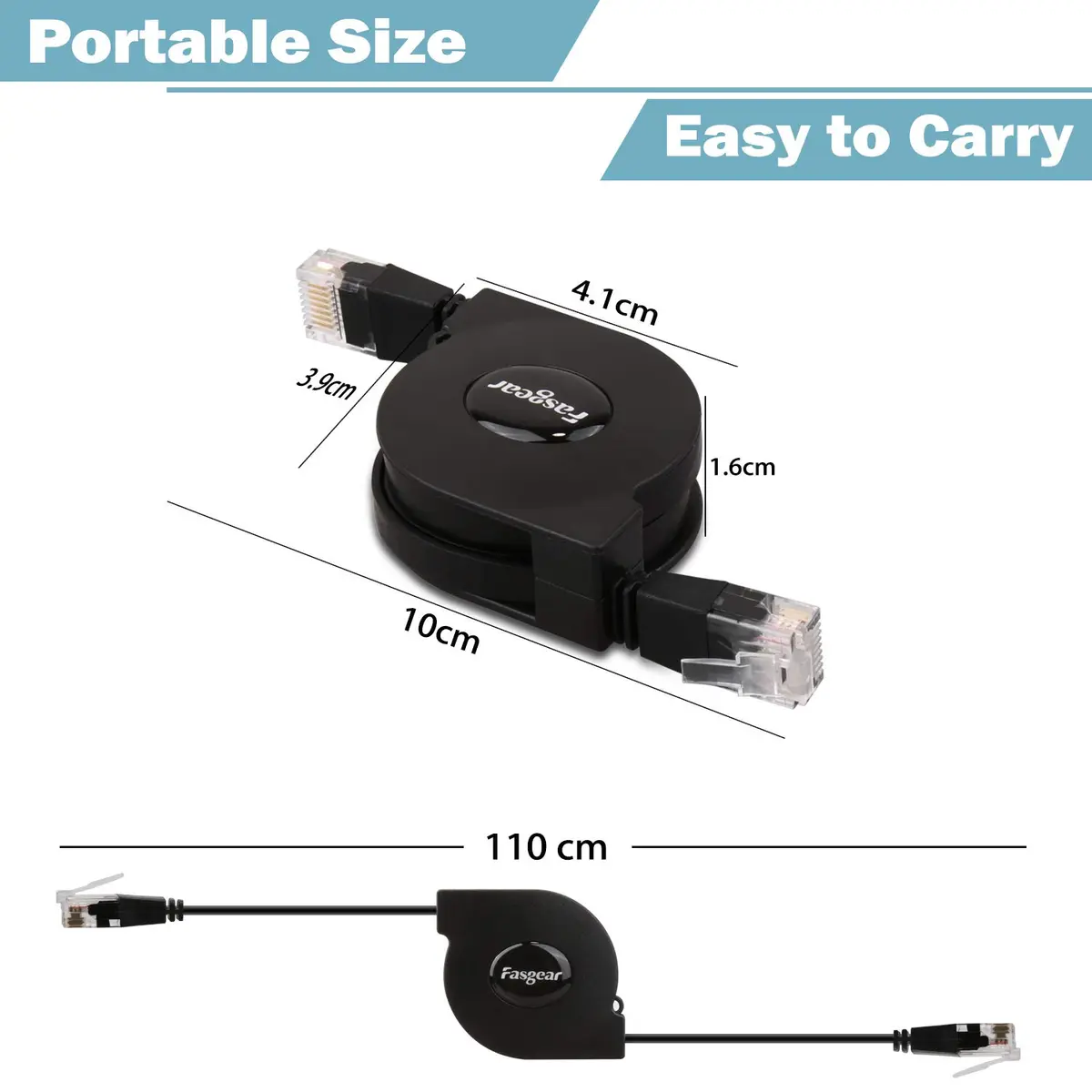 Fasgear Adjustable Cat6 Ethernet Cable 3ft (0.91m) Black | Tangle-Free Retractable LAN Cord - view 2