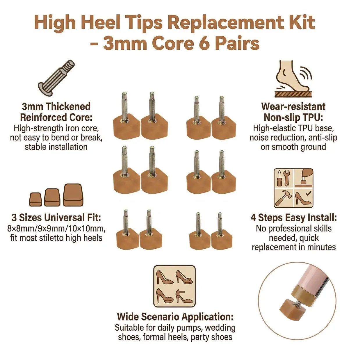 TUPWEL High Heel Repair Protectors 8mm 9mm 10mm U-Shaped Beige | Anti-Slip & Noise Reduction - view 3