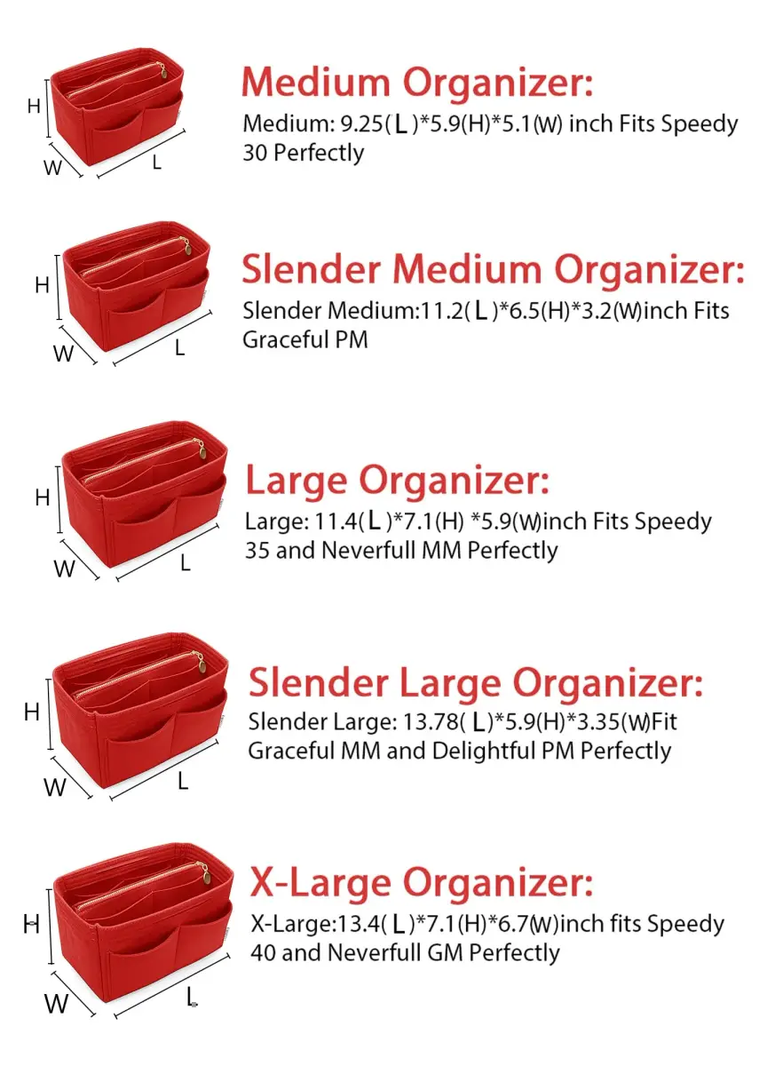 LEXSION Felt Purse Organizer Insert with Zipper, Red XL | 34cm (13.4") Bag Organizer for Speedy 40 & Neverfull GM - view 6