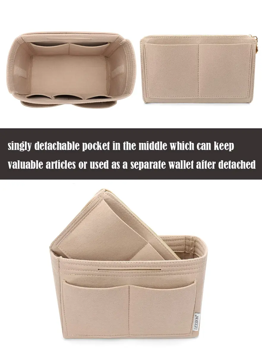 LEXSION Felt Purse Bag Organizer Insert with Zipper, Beige XL | Keeps Handbags Shipshape - view 2