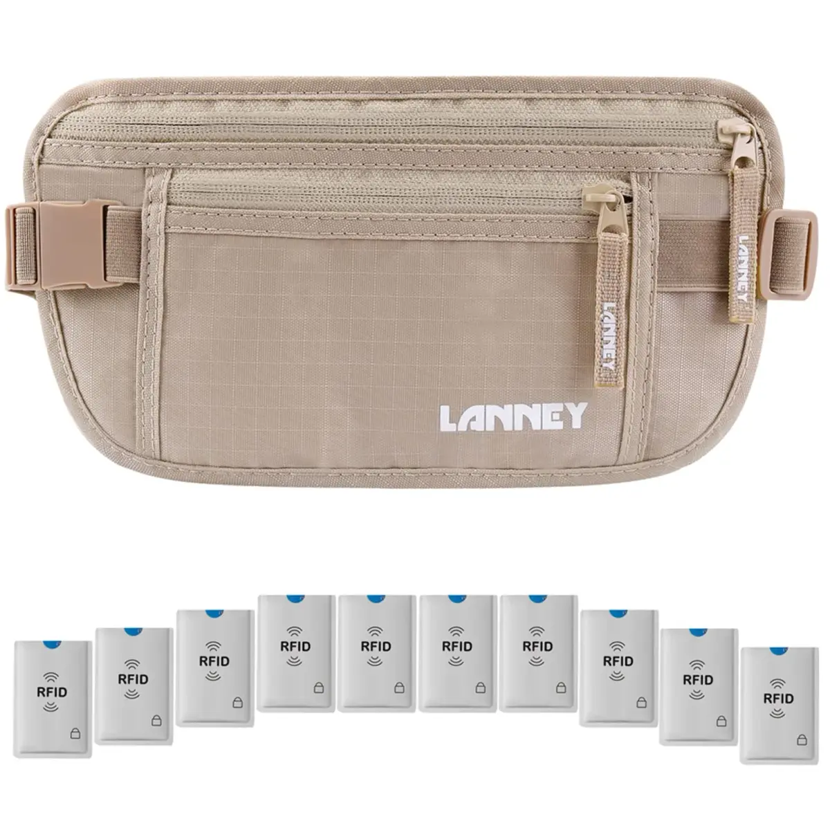 LANNEY Slim RFID Blocking Money Belt with 10 RFID Sleeves | Hidden Travel Pouch for Passport, Cash, Cards - main product image