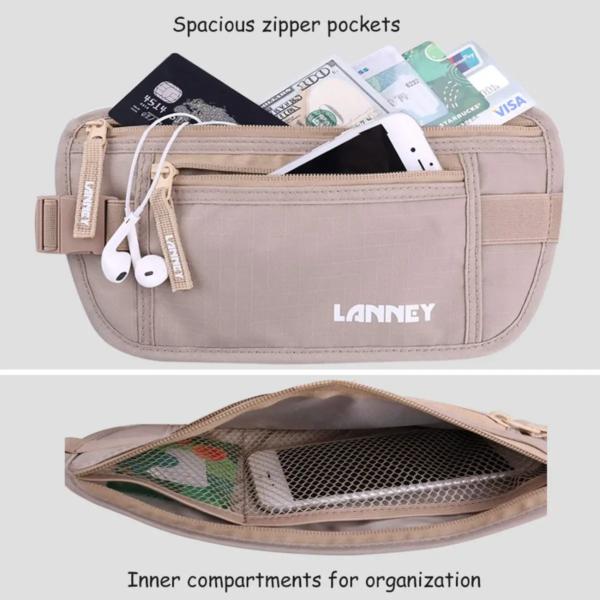 LANNEY Slim RFID Blocking Money Belt with 10 RFID Sleeves | Hidden Travel Pouch for Passport, Cash, Cards - view 4
