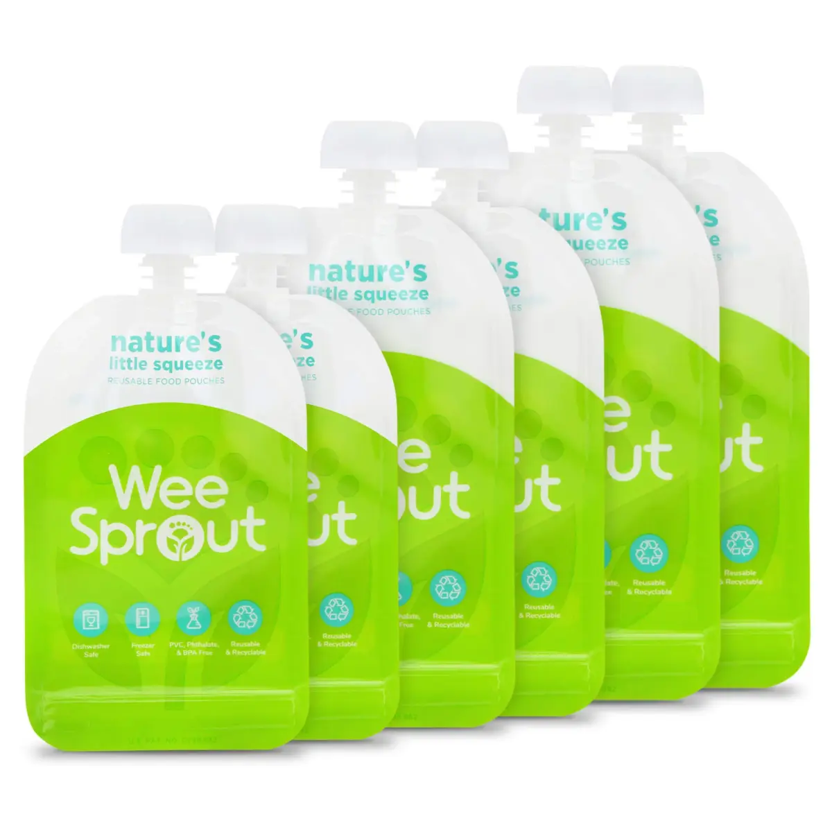WeeSprout Double Zipper Reusable Food Pouches (6-Pack, Green) | Leakproof & Freezer-Safe for Homemade Baby Food - main product image