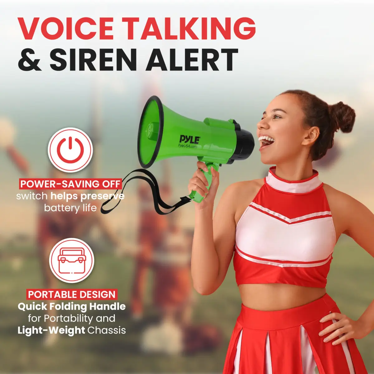 Pyle Compact Battery-Operated Megaphone with Siren - 30W Power, 25cm (10") | Green Bullhorn for Cheerleading & Police Use - view 2