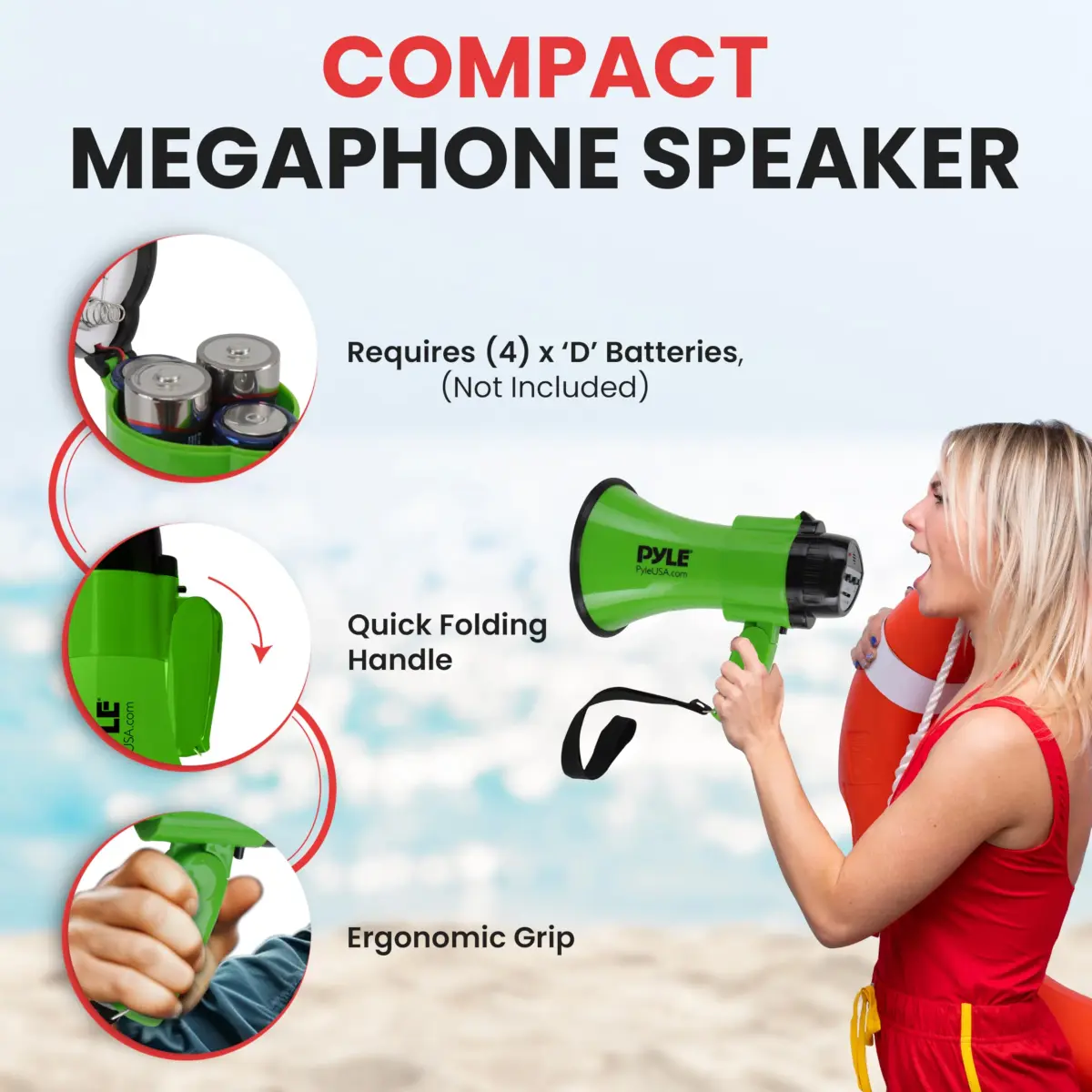 Pyle Compact Battery-Operated Megaphone with Siren - 30W Power, 25cm (10") | Green Bullhorn for Cheerleading & Police Use - view 3