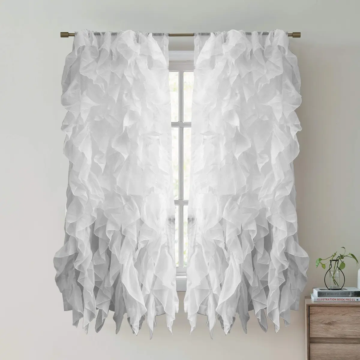 Sweet Home Collection 2 Pack Window Panel Sheer Voile Vertical Ruffled Waterfall Curtains, 50 in x 63 in, Silver - main product image
