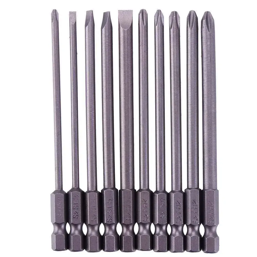 Rocaris 100mm (3.93") Long Magnetic Screwdriver Bits Set | S2 Steel, 1/4" Hex Shank, 10-Piece - main product image