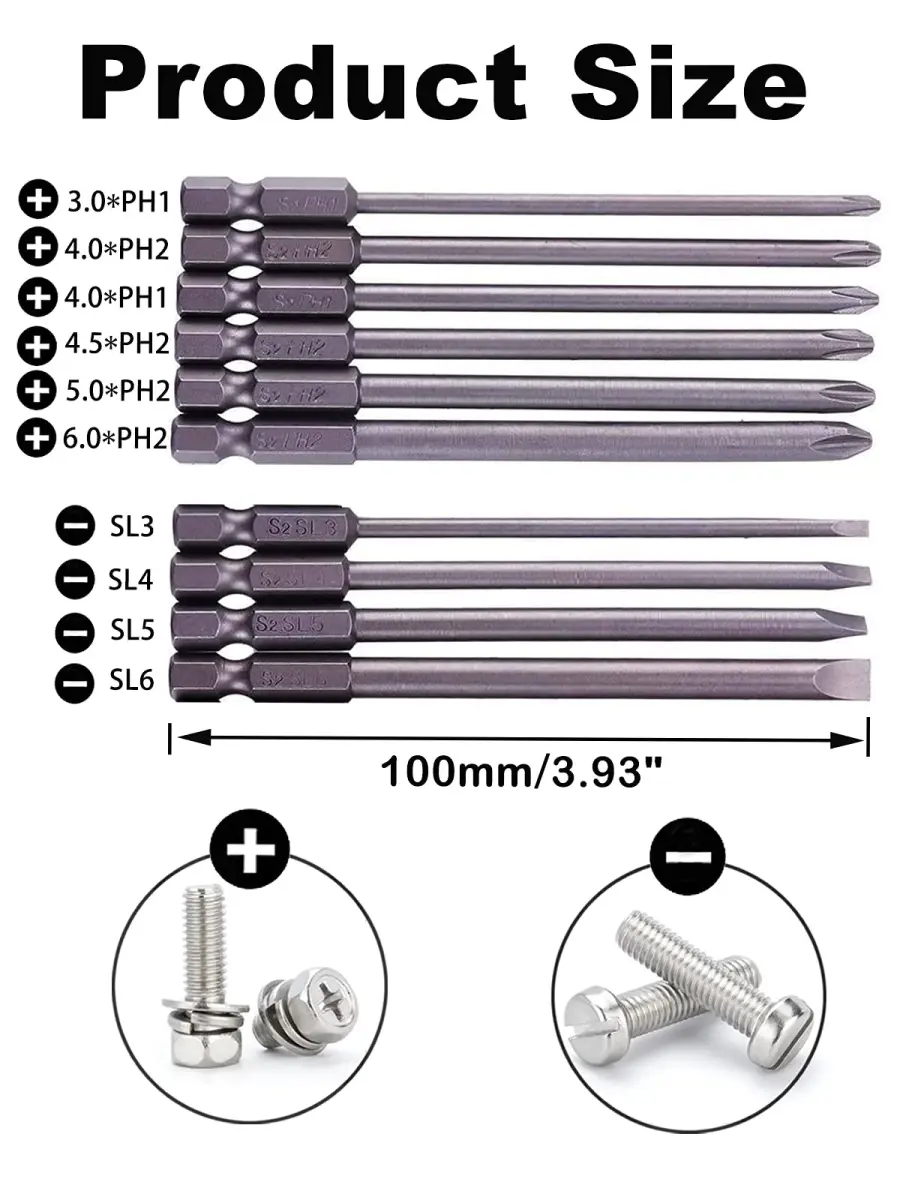 Rocaris 100mm (3.93") Long Magnetic Screwdriver Bits Set | S2 Steel, 1/4" Hex Shank, 10-Piece - view 2