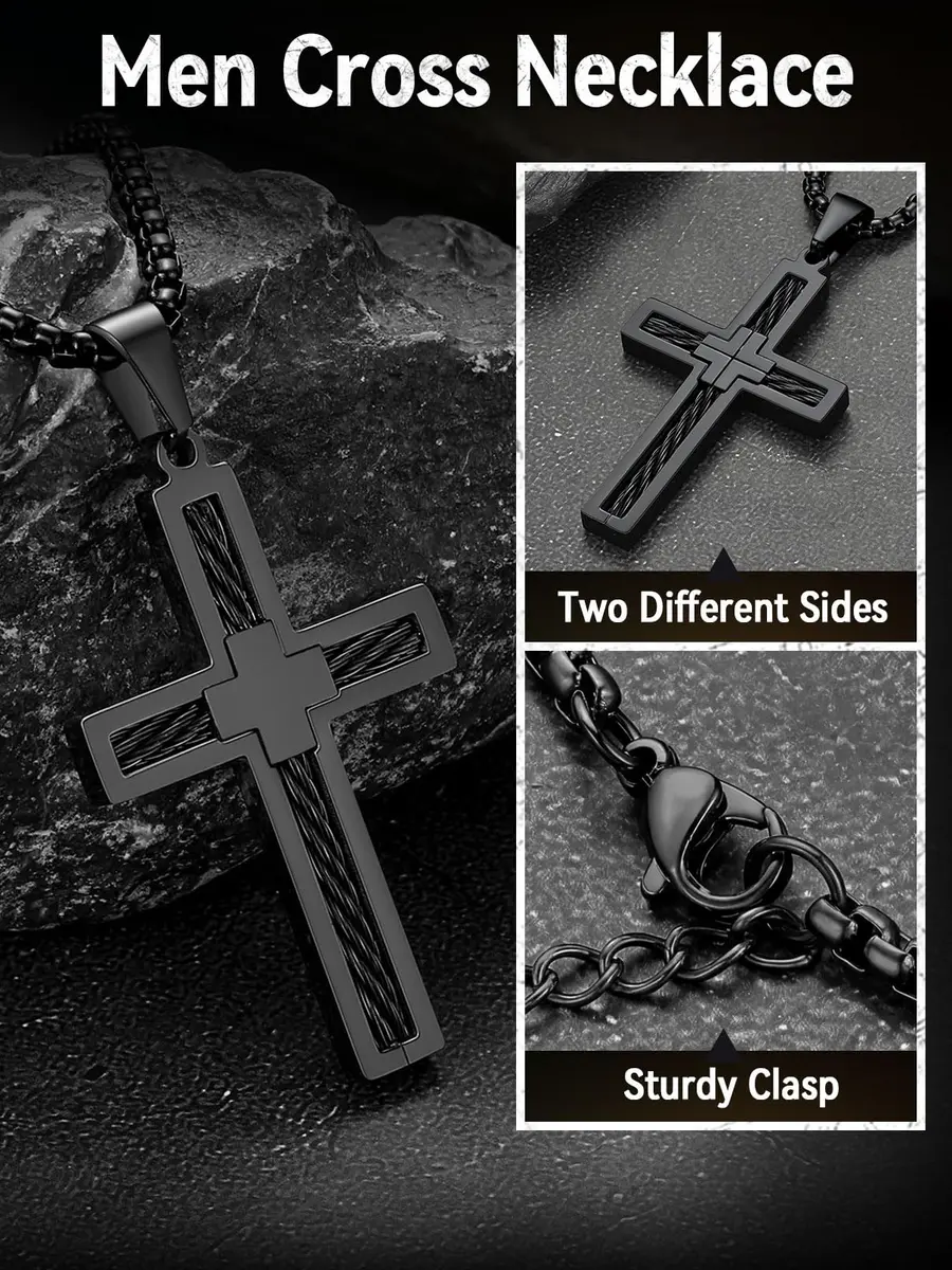 FaithHeart Cross Necklace for Men, Stainless Steel Pendant with Box Chain | Faith & Strength (70-120 chars) - view 5