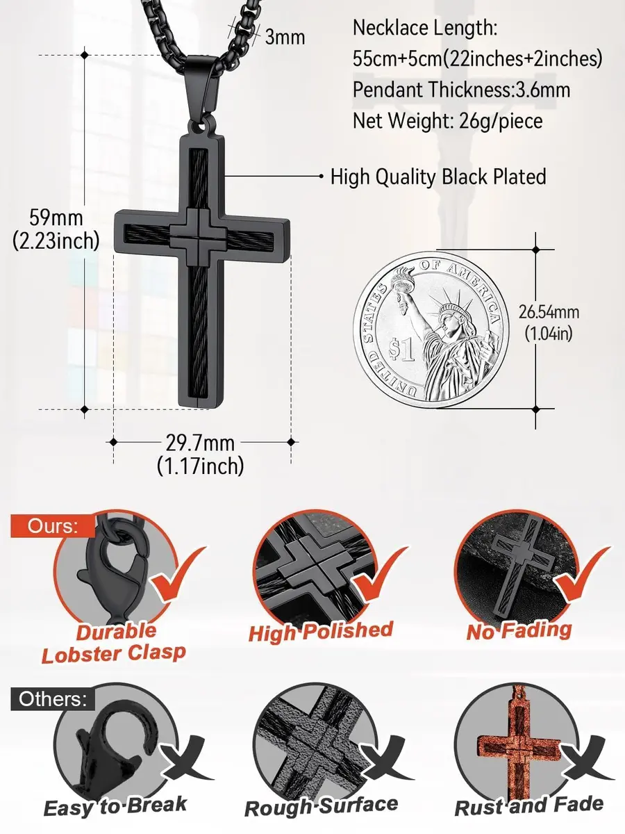 FaithHeart Cross Necklace for Men, Stainless Steel Pendant with Box Chain | Faith & Strength (70-120 chars) - view 8