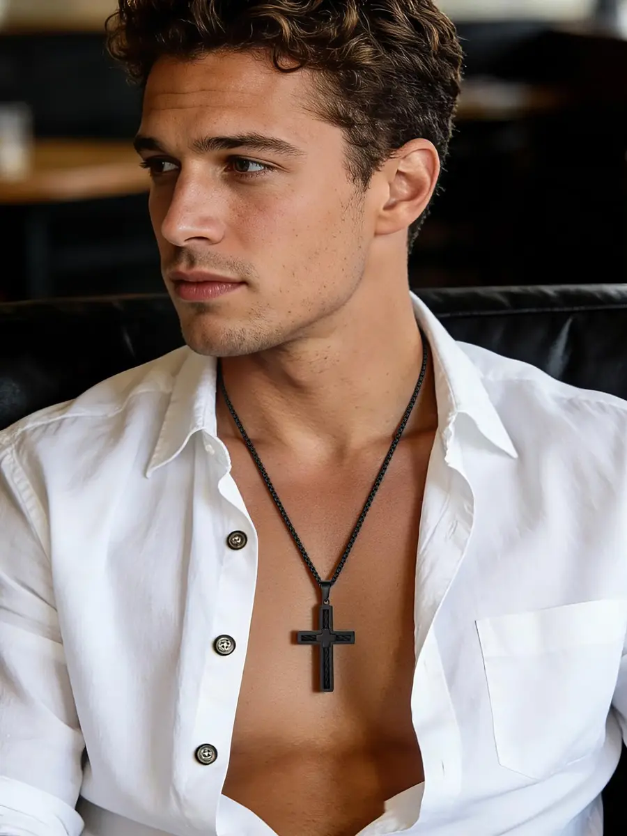 FaithHeart Cross Necklace for Men, Stainless Steel Pendant with Box Chain | Faith & Strength (70-120 chars) - view 9