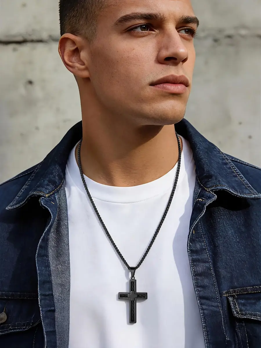 FaithHeart Cross Necklace for Men, Stainless Steel Pendant with Box Chain | Faith & Strength (70-120 chars) - view 2