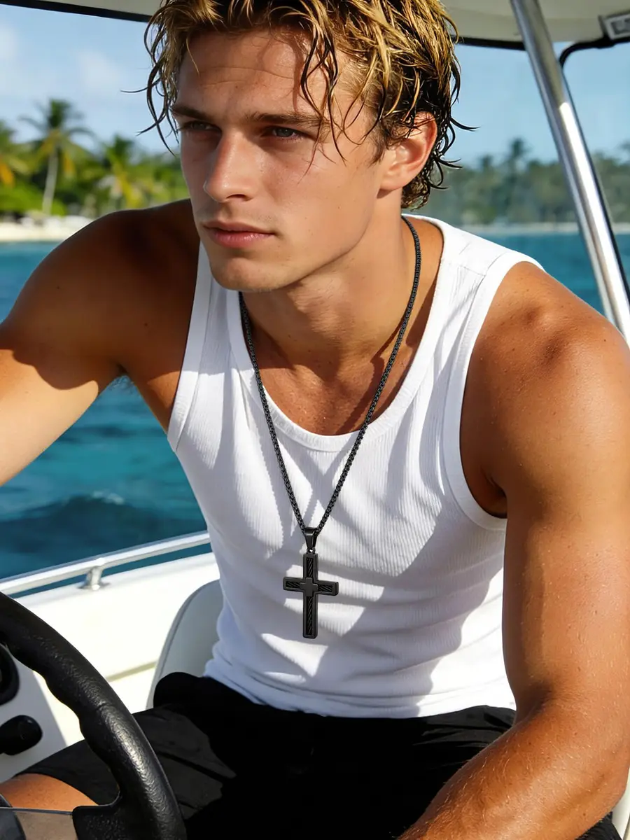 FaithHeart Cross Necklace for Men, Stainless Steel Pendant with Box Chain | Faith & Strength (70-120 chars) - view 3