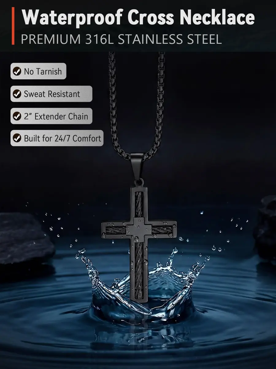 FaithHeart Cross Necklace for Men, Stainless Steel Pendant with Box Chain | Faith & Strength (70-120 chars) - view 4
