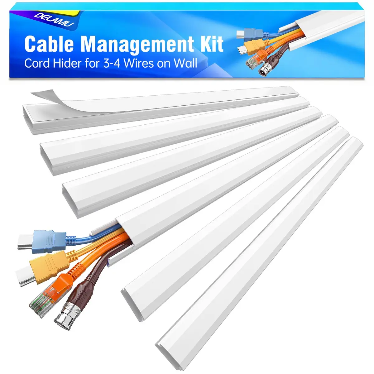 Delamu Large Cable Hider Raceway Kit 2.9cm W x 1.7cm H x 216cm L | Conceals 3-4 Wires on Wall - main product image