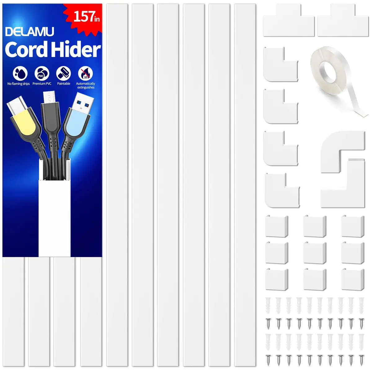 Delamu Cord Hider, 157in Wall Wire Cover for Cords, Cable Raceway Kit, White - main product image