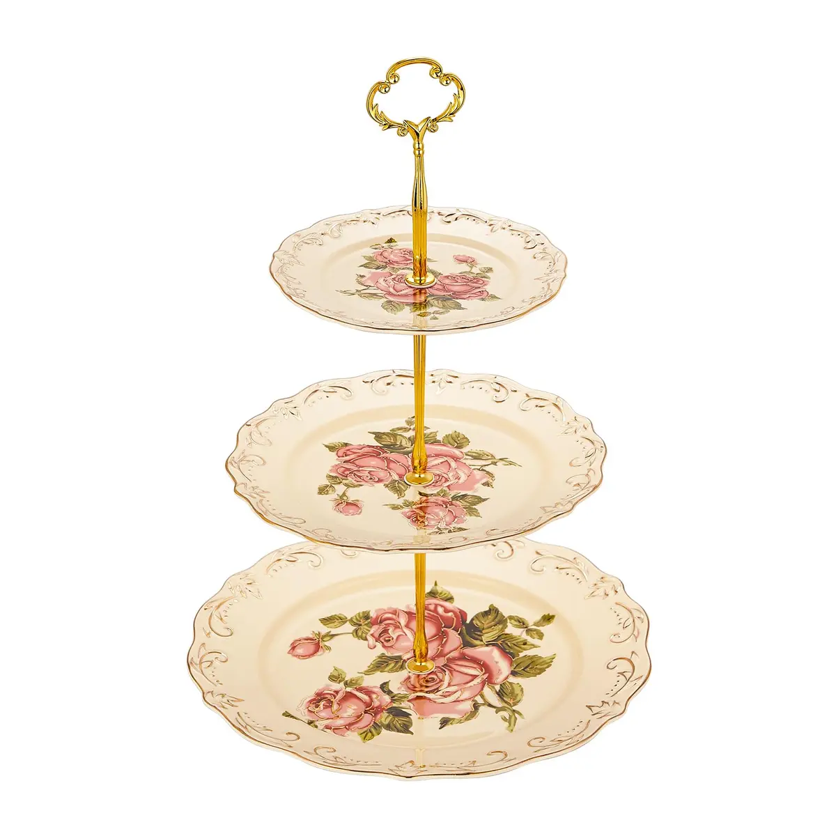 YOLIFE 3 Tiered CupCake Stand, 6-8-10 inch Pink Rose Pattern | Elegant Ceramic Dessert Display - main product image