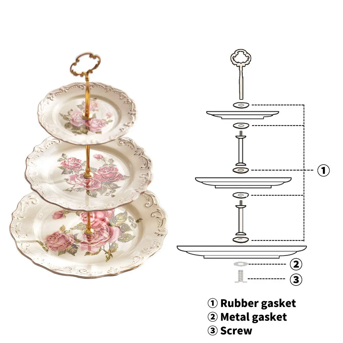 YOLIFE 3 Tiered CupCake Stand, 6-8-10 inch Pink Rose Pattern | Elegant Ceramic Dessert Display - view 5