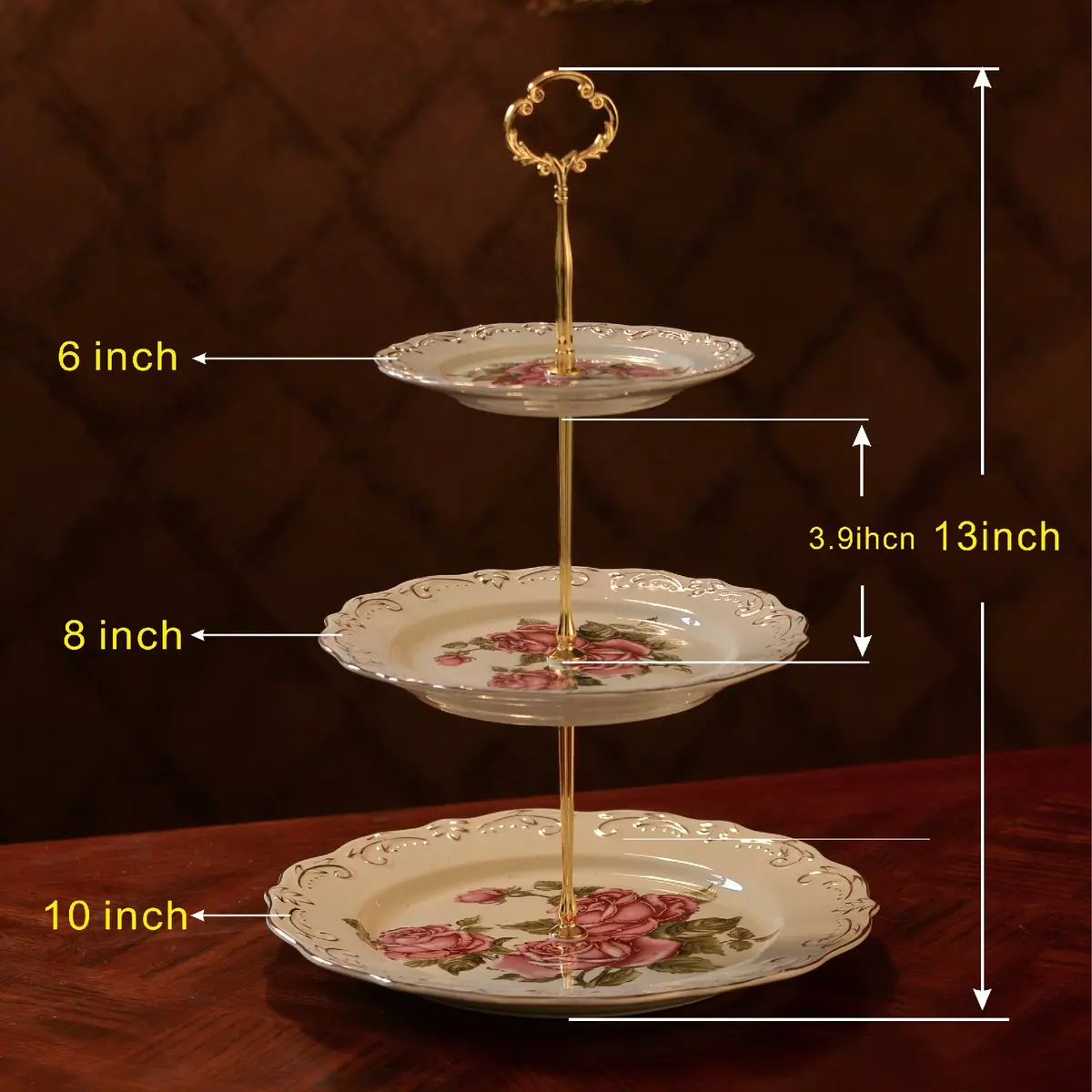 YOLIFE 3 Tiered CupCake Stand, 6-8-10 inch Pink Rose Pattern | Elegant Ceramic Dessert Display - view 7