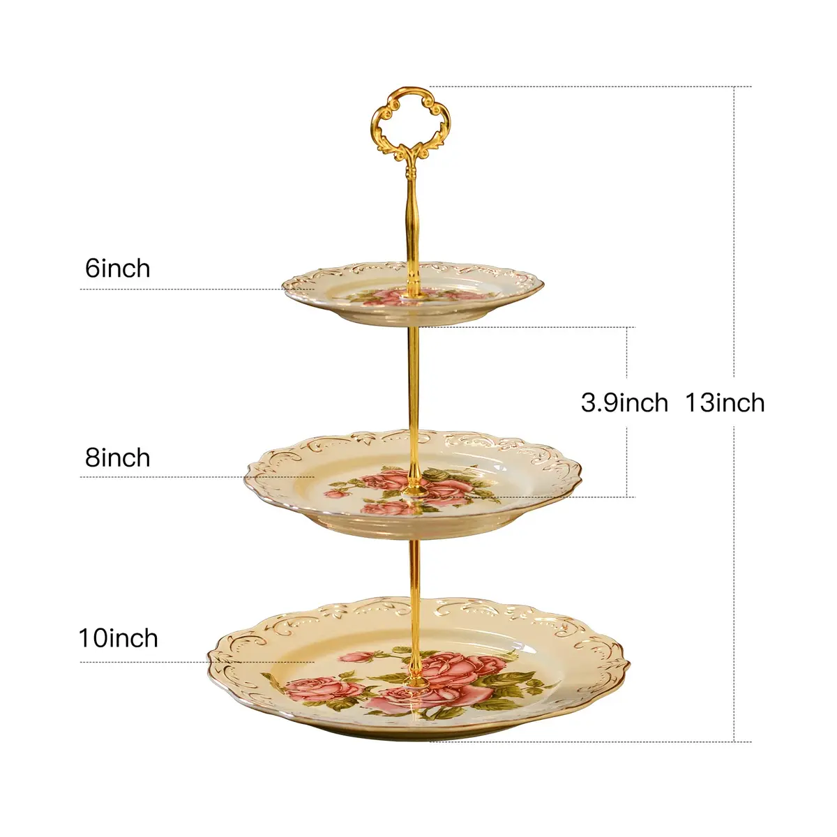 YOLIFE 3 Tiered CupCake Stand, 6-8-10 inch Pink Rose Pattern | Elegant Ceramic Dessert Display - view 2