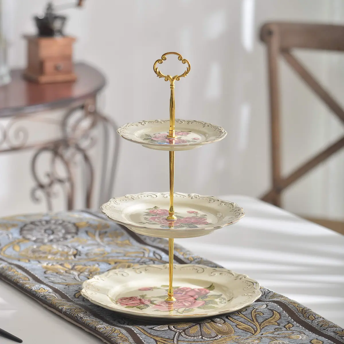 YOLIFE 3 Tiered CupCake Stand, 6-8-10 inch Pink Rose Pattern | Elegant Ceramic Dessert Display - view 3