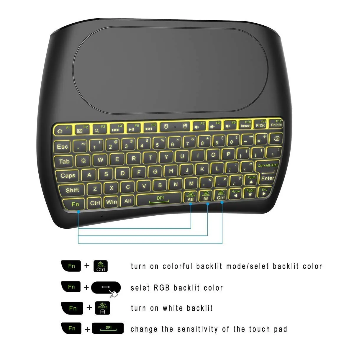 Dupad story D8 Mini Wireless Keyboard with Touchpad | Colorful Backlit, Handheld Remote, Wide Compatibility - view 4