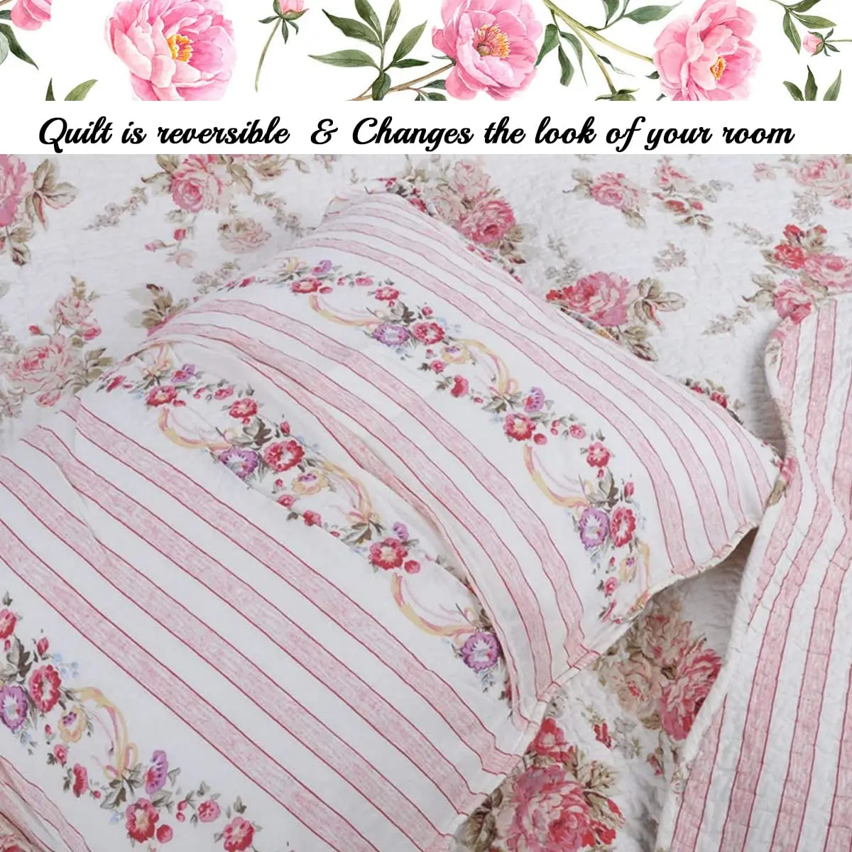 Cozy Line Home Fashions Romantic Pink Peony Floral 100% Cotton Reversible Quilt Bedding Set, Coverlet, Bedspread (Pink Peony, Queen - 3 Piece) - view 5