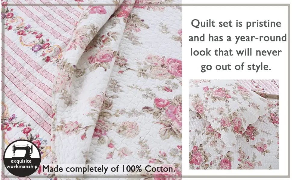 Cozy Line Home Fashions Romantic Pink Peony Floral 100% Cotton Reversible Quilt Bedding Set, Coverlet, Bedspread (Pink Peony, Queen - 3 Piece) - view 6