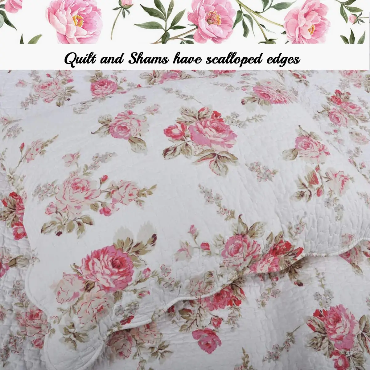 Cozy Line Home Fashions Romantic Pink Peony Floral 100% Cotton Reversible Quilt Bedding Set, Coverlet, Bedspread (Pink Peony, Queen - 3 Piece) - view 2