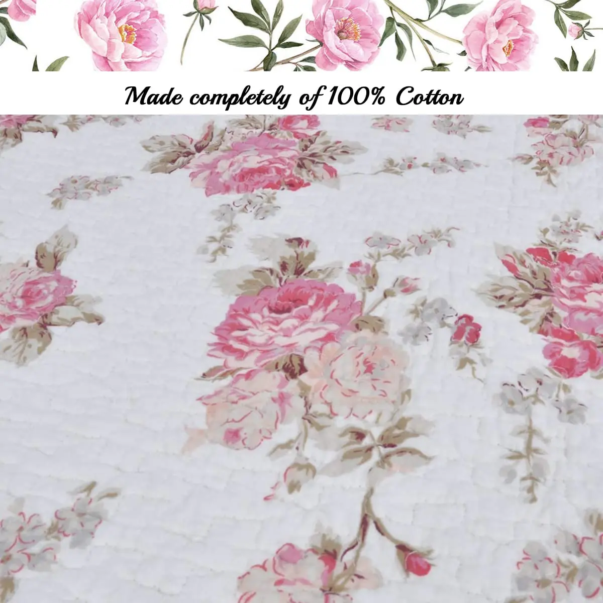 Cozy Line Home Fashions Romantic Pink Peony Floral 100% Cotton Reversible Quilt Bedding Set, Coverlet, Bedspread (Pink Peony, Queen - 3 Piece) - view 3