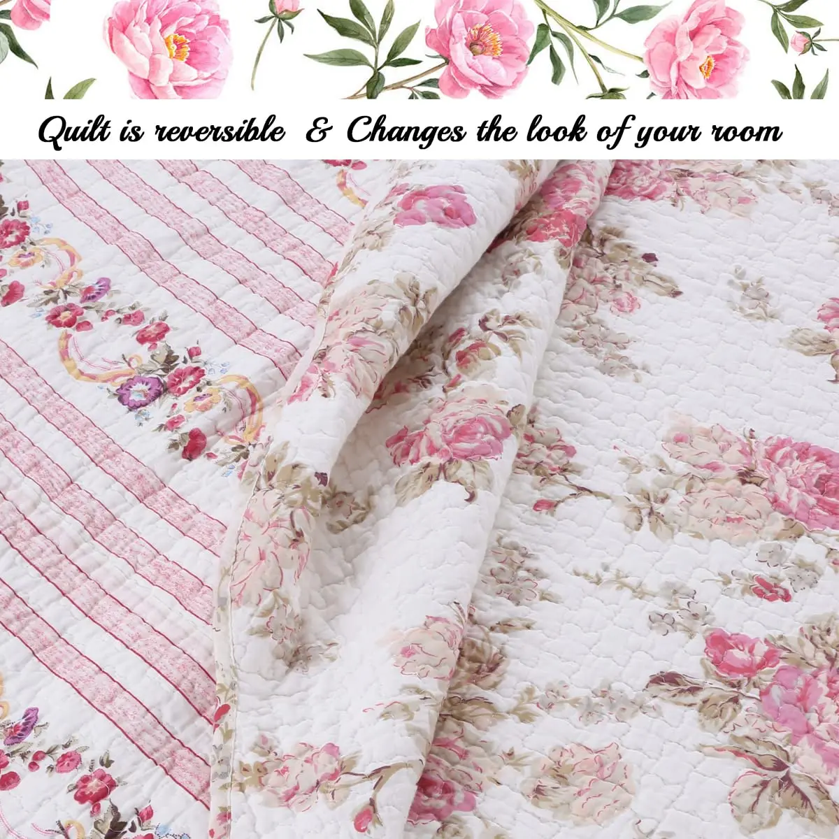 Cozy Line Home Fashions Romantic Pink Peony Floral 100% Cotton Reversible Quilt Bedding Set, Coverlet, Bedspread (Pink Peony, Queen - 3 Piece) - view 4