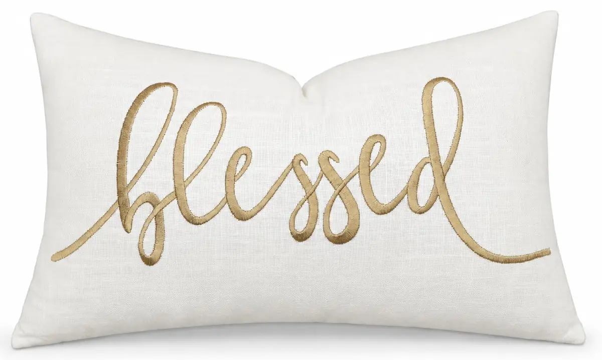 EURASIA DECOR Blessed Embroidered Lumbar Pillow Cover 12x20, Ivory | Faith Gift with Gold Embroidery - main product image