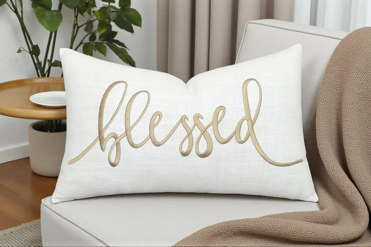 EURASIA DECOR Blessed Embroidered Lumbar Pillow Cover 12x20, Ivory | Faith Gift with Gold Embroidery - view 2