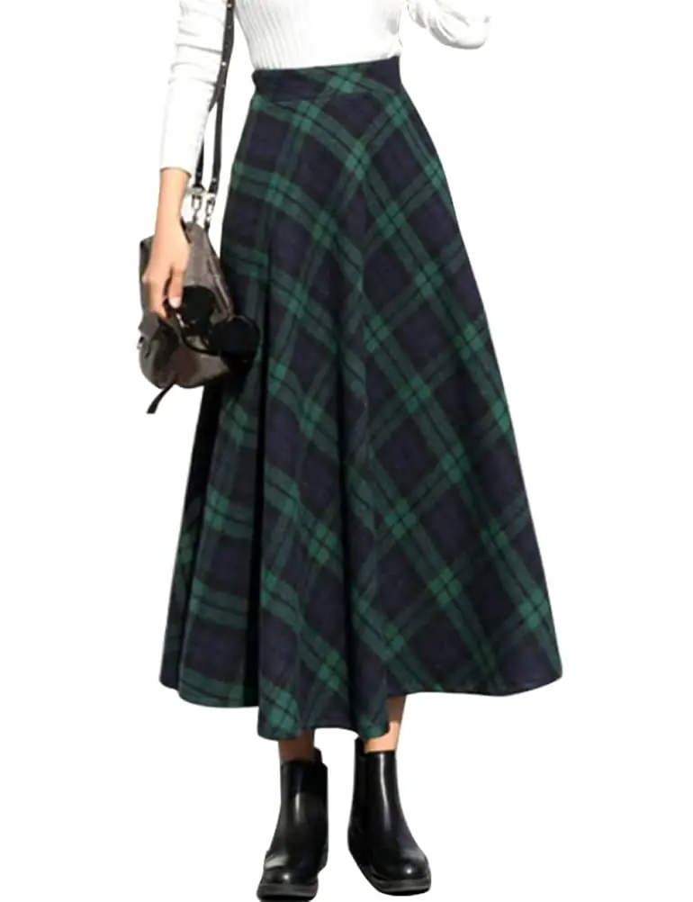 IDEALSANXUN Green Plaid Skirt Women Fall Winter High Waisted Long Maxi Skirts, Green XL | Wool & Polyester, Classic A-line - main product image