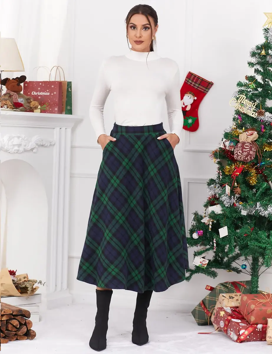 IDEALSANXUN Green Plaid Skirt Women Fall Winter High Waisted Long Maxi Skirts, Green XL | Wool & Polyester, Classic A-line - view 5