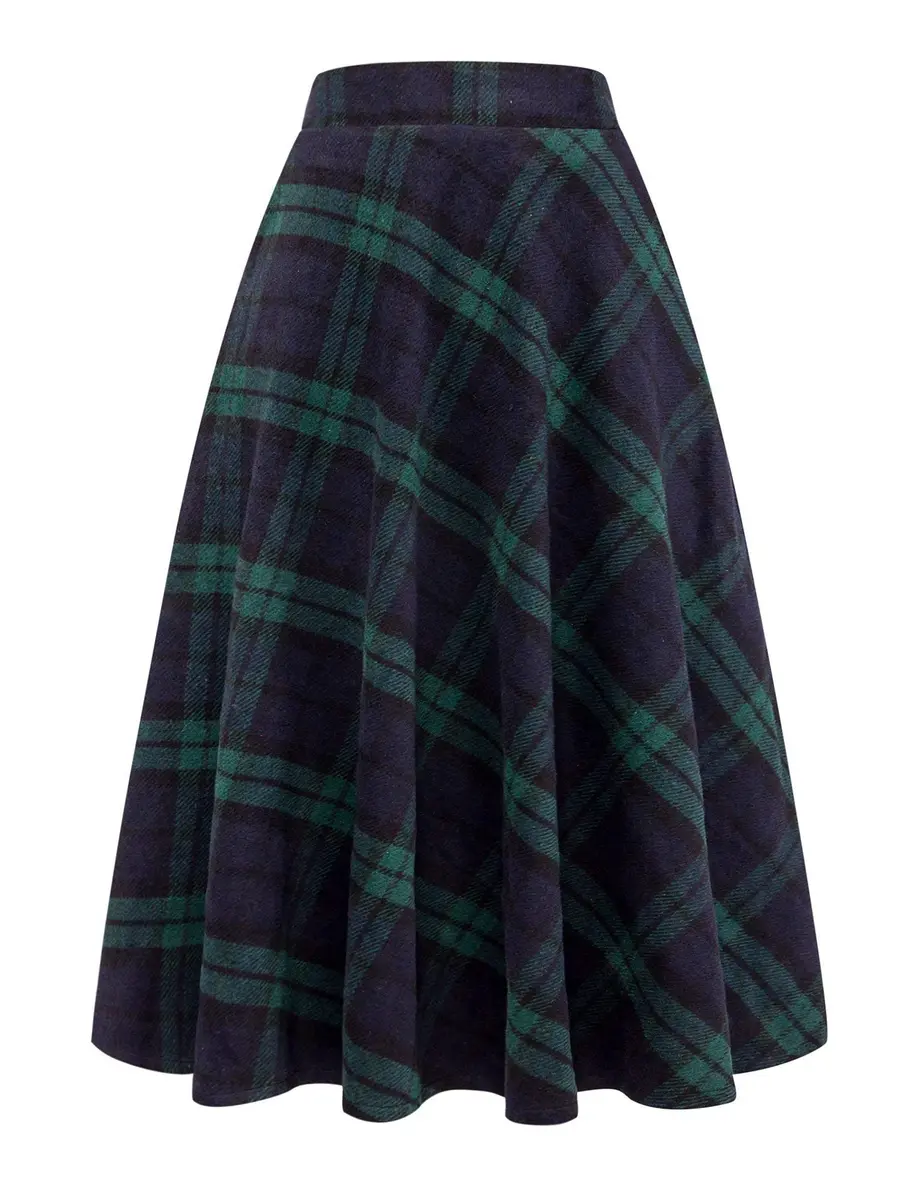IDEALSANXUN Green Plaid Skirt Women Fall Winter High Waisted Long Maxi Skirts, Green XL | Wool & Polyester, Classic A-line - view 6