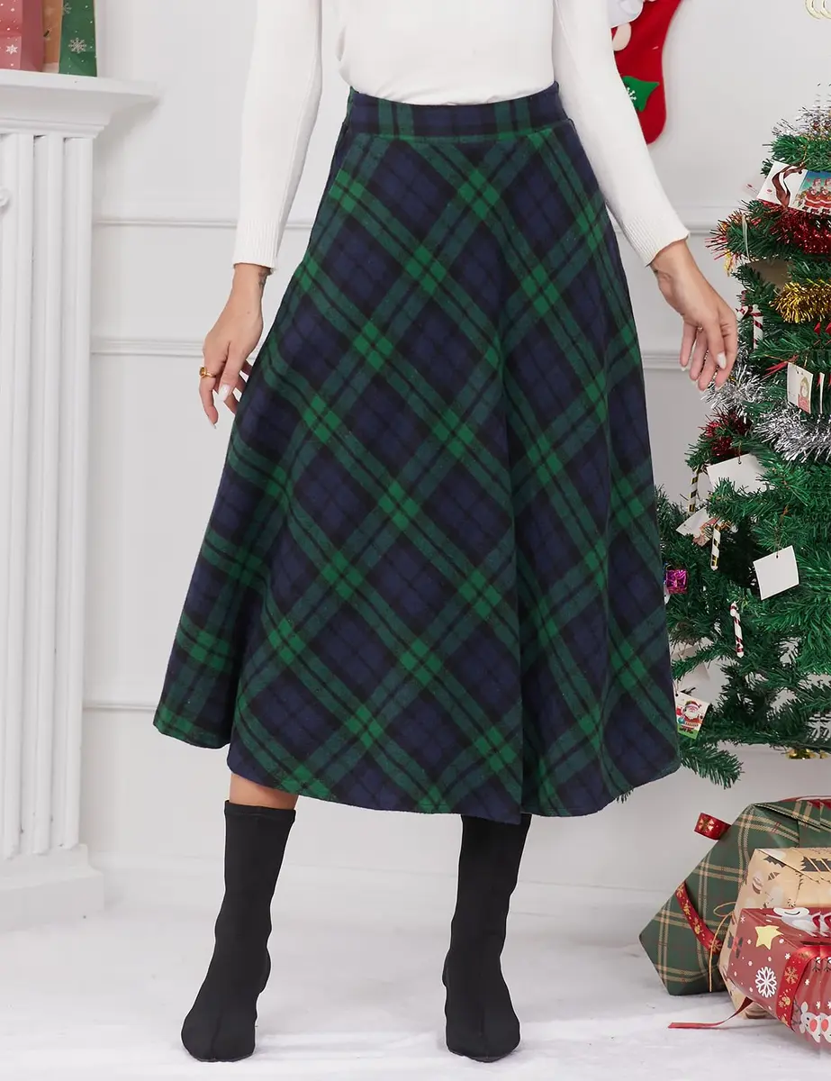 IDEALSANXUN Green Plaid Skirt Women Fall Winter High Waisted Long Maxi Skirts, Green XL | Wool & Polyester, Classic A-line - view 2