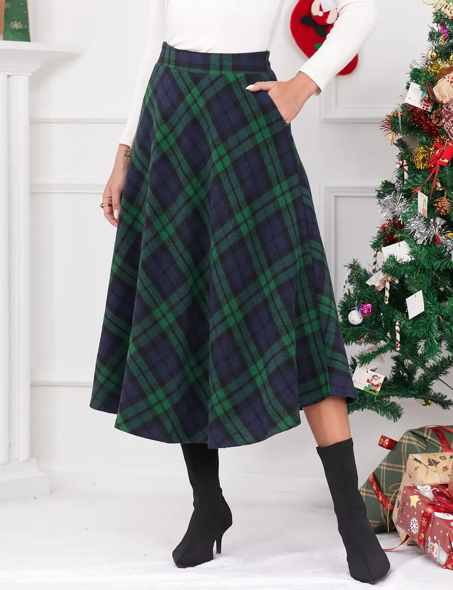 IDEALSANXUN Green Plaid Skirt Women Fall Winter High Waisted Long Maxi Skirts, Green XL | Wool & Polyester, Classic A-line - view 3