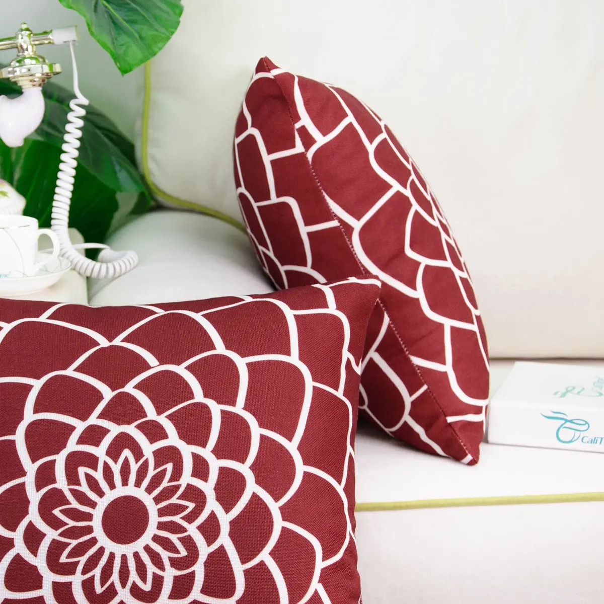 CaliTime Pack of 2 Decorative Pillow Covers 20 x 20 Inches | Dahlia Floral Outline, Dark Red - view 5