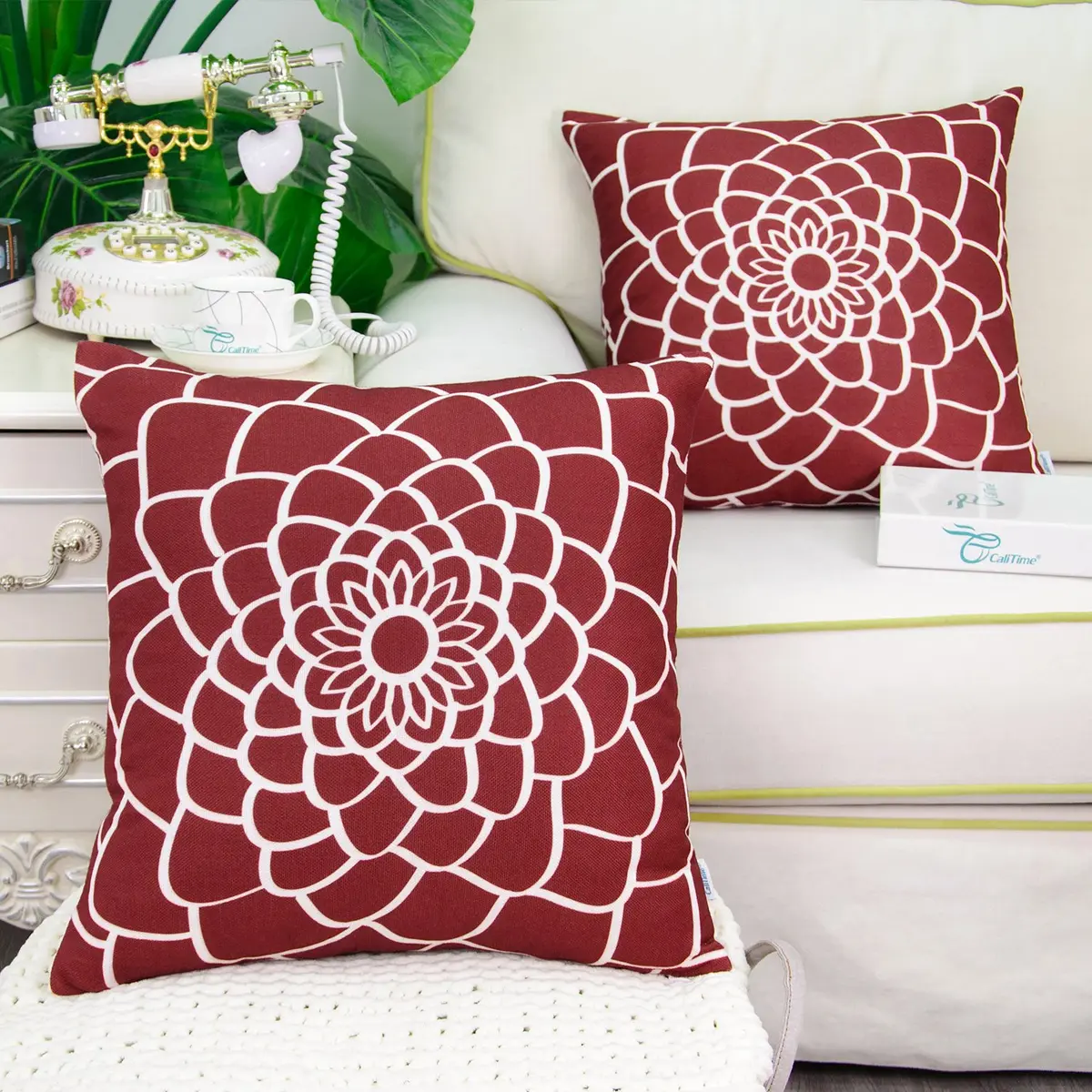 CaliTime Pack of 2 Decorative Pillow Covers 20 x 20 Inches | Dahlia Floral Outline, Dark Red - view 2