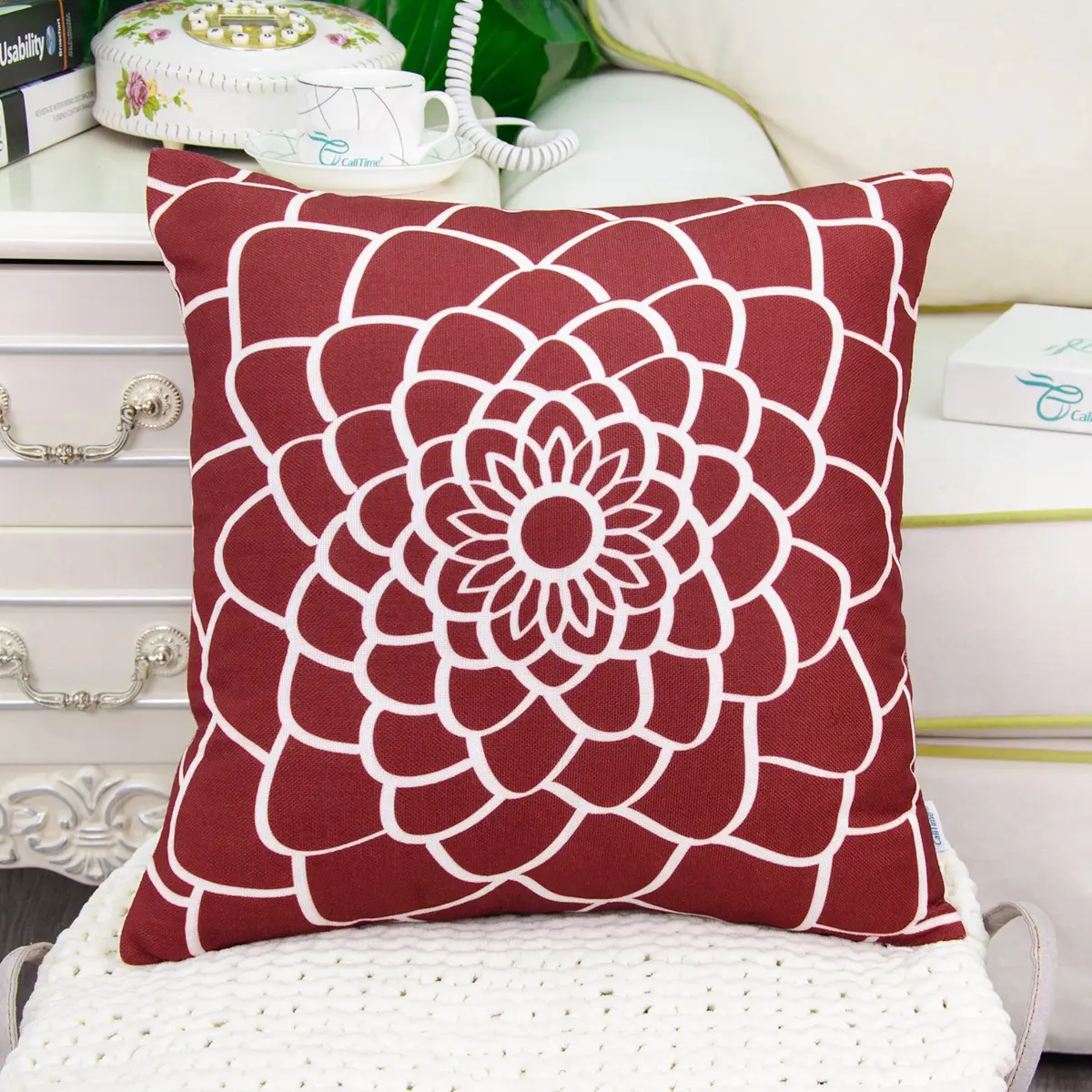 CaliTime Pack of 2 Decorative Pillow Covers 20 x 20 Inches | Dahlia Floral Outline, Dark Red - view 3